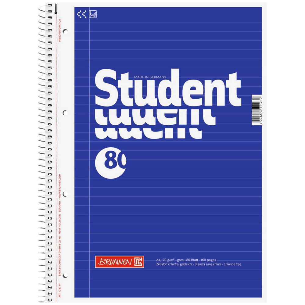 BRUNNEN Collegeblock DIN A4 kariert / liniert 80 Blatt 70gm² -  5 St. ECF/holzfrei Innenrand 4fach-Loch